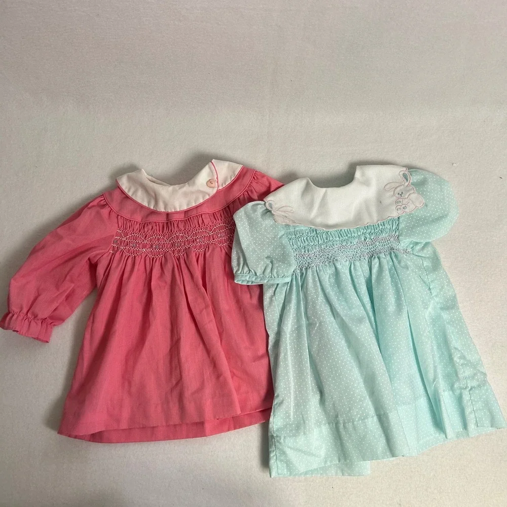 Vintage Carters Kids 12 Months Pink Blue Smocked Peter Pan Collar‎ Dress Lot 2pc